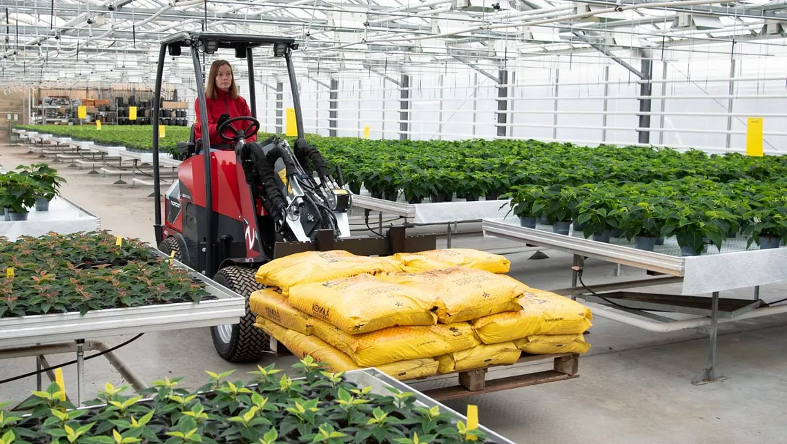 Minilaster i stort drivhus frakter pall med jordsekker og gjødsel